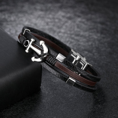 Fashion Anchor Multilayer Titanium Steel Leather Bracelet Vintage Men's Bracelet Leather Bracelet