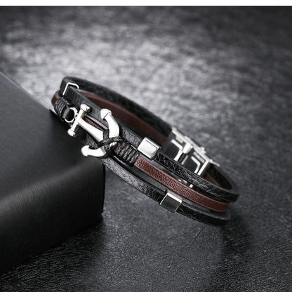 Fashion Anchor Multilayer Titanium Steel Leather Bracelet Vintage Men's Bracelet Leather Bracelet