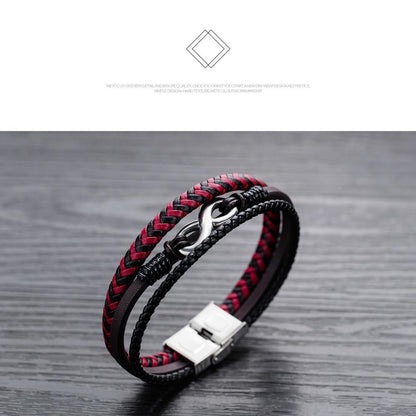 Men's leather infinity figure 8 bracelet titanium steel bracelet