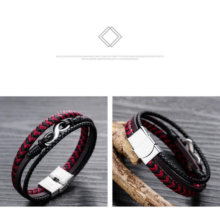 Men's leather infinity figure 8 bracelet titanium steel bracelet