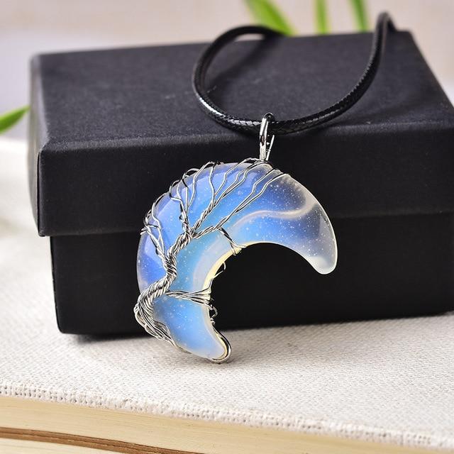 Tree of Life Crescent Moon Semi-Precious Gemstone Necklace